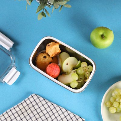 Royalford 1000 ml Stainless Steel Lunch Box- RF12172/ Rectangle Tiffin with Polymer Lid, 4 Side Locks/ Food-Grade, BPA-Free, Airtight and Leakproof Containers for Kids and Adults, to Keep Foods Fresh/ Compact and Portable Design/ Silver