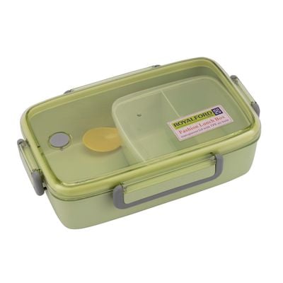 Royalford 950ML Lunch Box with Cutlery- Plasticware- RF11125| Rectangular Box with Transparent Lid and Compartments| Plastic Tiffin for Kids and Adults for Schools and Offices| Sturdy Locks, Leak-Proof, High Heat-Retaining Efficiency| Freezer and Dishwasher Safe| Non-Toxic, Tasteless and Durable