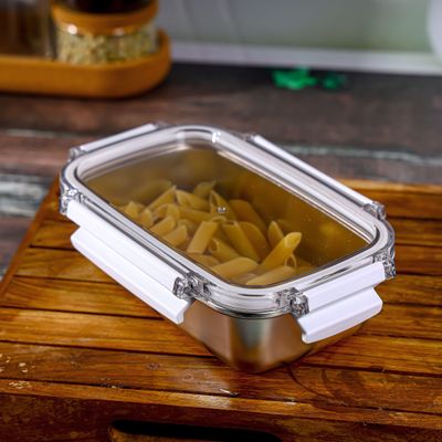 Royalford 600 ml Stainless Steel Lunch Box- RF12171/ Rectangle Tiffin with Polymer Lid, 4 Side Locks/ Food-Grade, BPA-Free, Airtight and Leakproof Containers for Kids and Adults, to Keep Foods Fresh/ Compact and Portable Design/ Silver