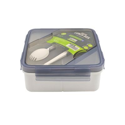 Royalford 1200 ml Lunch Box with Cutlery- RF12193/ Square Tiffin with Transparent Lid, Spoon and Chopsticks and 3 Compartments/ Plastic, for Kids and Adults for Schools and Offices/ Sturdy Locks, Leak-Proof, High Heat-Retaining Efficiency/ Freezer, Non-Toxic, Tasteless and Durable/ Grey