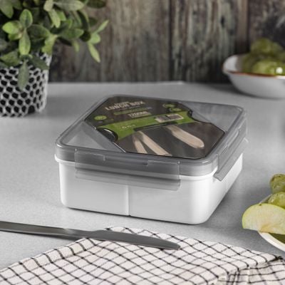 Royalford 1200 ml Lunch Box with Cutlery- RF12193/ Square Tiffin with Transparent Lid, Spoon and Chopsticks and 3 Compartments/ Plastic, for Kids and Adults for Schools and Offices/ Sturdy Locks, Leak-Proof, High Heat-Retaining Efficiency/ Freezer, Non-Toxic, Tasteless and Durable/ Grey