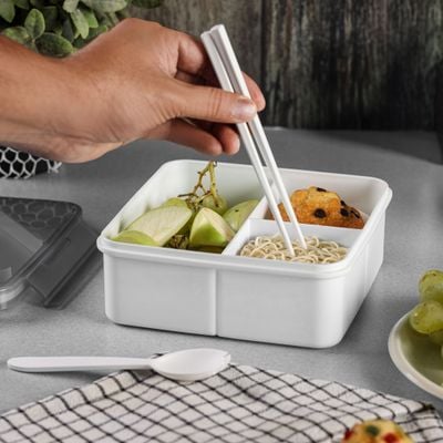 Royalford 1200 ml Lunch Box with Cutlery- RF12193/ Square Tiffin with Transparent Lid, Spoon and Chopsticks and 3 Compartments/ Plastic, for Kids and Adults for Schools and Offices/ Sturdy Locks, Leak-Proof, High Heat-Retaining Efficiency/ Freezer, Non-Toxic, Tasteless and Durable/ Grey