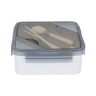 Royalford 1200 ml Lunch Box with Cutlery- RF12193/ Square Tiffin with Transparent Lid, Spoon and Chopsticks and 3 Compartments/ Plastic, for Kids and Adults for Schools and Offices/ Sturdy Locks, Leak-Proof, High Heat-Retaining Efficiency/ Freezer, Non-Toxic, Tasteless and Durable/ Grey