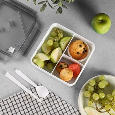 Royalford 1200 ml Lunch Box with Cutlery- RF12193/ Square Tiffin with Transparent Lid, Spoon and Chopsticks and 3 Compartments/ Plastic, for Kids and Adults for Schools and Offices/ Sturdy Locks, Leak-Proof, High Heat-Retaining Efficiency/ Freezer, Non-Toxic, Tasteless and Durable/ Grey