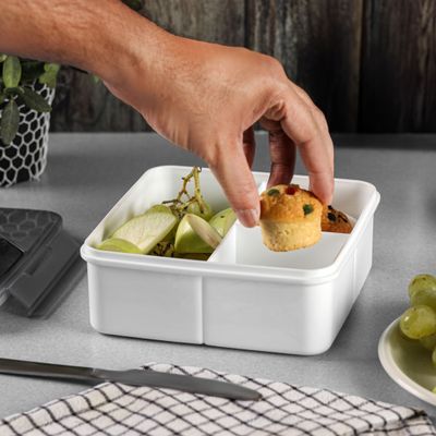 Royalford 1200 ml Lunch Box with Cutlery- RF12193/ Square Tiffin with Transparent Lid, Spoon and Chopsticks and 3 Compartments/ Plastic, for Kids and Adults for Schools and Offices/ Sturdy Locks, Leak-Proof, High Heat-Retaining Efficiency/ Freezer, Non-Toxic, Tasteless and Durable/ Grey