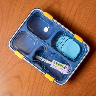 Royalford 1250 ML Lunch Box with Cutlery- RF11126| Non-toxic | Tasteless | Durable | Rectangular Lunch Box with Transparent Lid and Compartments| Plastic Tiffin for Kids and Adults Suitable for Schools and Offices| Sturdy Locks, High Thermal Efficiency, Easy to Carry| Freezer and Dishwasher Safe