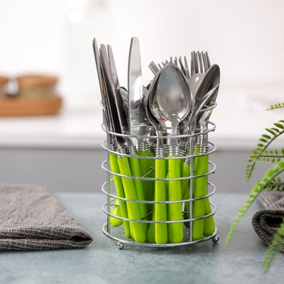 Royalford Stainless Steel Cutlery Set with Holder- RF12120/ 24 Pieces Spoons Set, Includes 6 Dinner Knives, 6 Forks, 6 Spoon, 6 Teaspoons/ Stylish and Light-Weight, 100% Food-Grade/ Stylish Plastic Handle, Suitable for Dining Table, Home and Restaurant, Kitchen Accessories/ Silver and green