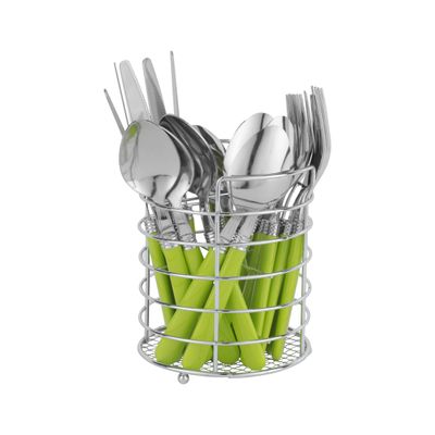 Royalford Stainless Steel Cutlery Set with Holder- RF12120/ 24 Pieces Spoons Set, Includes 6 Dinner Knives, 6 Forks, 6 Spoon, 6 Teaspoons/ Stylish and Light-Weight, 100% Food-Grade/ Stylish Plastic Handle, Suitable for Dining Table, Home and Restaurant, Kitchen Accessories/ Silver and green