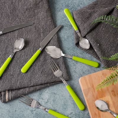 Royalford Stainless Steel Cutlery Set with Holder- RF12120/ 24 Pieces Spoons Set, Includes 6 Dinner Knives, 6 Forks, 6 Spoon, 6 Teaspoons/ Stylish and Light-Weight, 100% Food-Grade/ Stylish Plastic Handle, Suitable for Dining Table, Home and Restaurant, Kitchen Accessories/ Silver and green