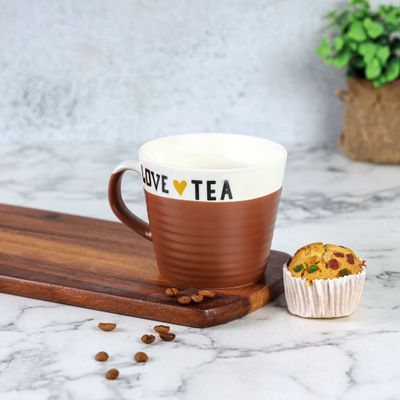 Royalford 415 ml (14 oz) New Bone Mug- RF12296/ Perfect for Hot and Cold Drinks/ Food-Grade, Non-Toxic and Safe to Use/ Stylish, Durable and Long-Lasting Design, Love tea Printed, Suitable for Gifting/ Brown