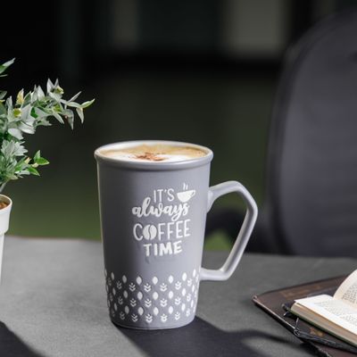 Royalford 414 ml (14 oz) New Bone Mug- RF12285/ Perfect for Hot and Cold Drinks/ Food-Grade, Non-Toxic and Safe to Use/ Stylish, Durable and Long-Lasting Design, It's Always Coffee Time Quote Printed, Suitable for Gifting/ Grey