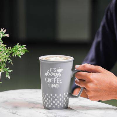 Royalford 414 ml (14 oz) New Bone Mug- RF12285/ Perfect for Hot and Cold Drinks/ Food-Grade, Non-Toxic and Safe to Use/ Stylish, Durable and Long-Lasting Design, It's Always Coffee Time Quote Printed, Suitable for Gifting/ Grey