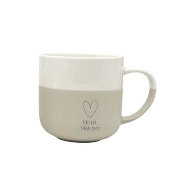 Royalford 405 ml (13.7 oz) New Bone Mug- RF12294/ Perfect for Hot and Cold Drinks/ Food-Grade, Non-Toxic and Safe to Use/ Stylish, Durable and Long-Lasting Design, Hello New Day Printed, Suitable for Gifting/ White and Grey