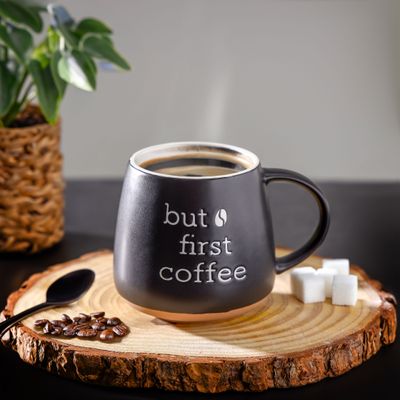 Royalford 458 ml (15.5 oz) New Bone Mug- RF12282/ Perfect for Hot and Cold Drinks/ Food-Grade, Non-Toxic and Safe to Use/ Stylish, Durable and Long-Lasting Design, but first coffee Quote Printed, Suitable for Gifting/ Black