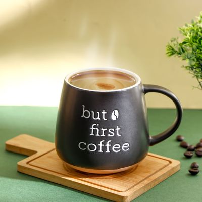 Royalford 458 ml (15.5 oz) New Bone Mug- RF12282/ Perfect for Hot and Cold Drinks/ Food-Grade, Non-Toxic and Safe to Use/ Stylish, Durable and Long-Lasting Design, but first coffee Quote Printed, Suitable for Gifting/ Black