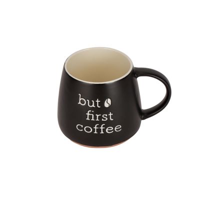 Royalford 458 ml (15.5 oz) New Bone Mug- RF12282/ Perfect for Hot and Cold Drinks/ Food-Grade, Non-Toxic and Safe to Use/ Stylish, Durable and Long-Lasting Design, but first coffee Quote Printed, Suitable for Gifting/ Black