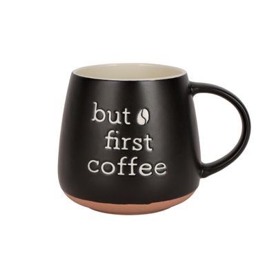 Royalford 458 ml (15.5 oz) New Bone Mug- RF12282/ Perfect for Hot and Cold Drinks/ Food-Grade, Non-Toxic and Safe to Use/ Stylish, Durable and Long-Lasting Design, but first coffee Quote Printed, Suitable for Gifting/ Black