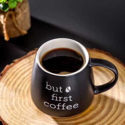 Royalford 458 ml (15.5 oz) New Bone Mug- RF12282/ Perfect for Hot and Cold Drinks/ Food-Grade, Non-Toxic and Safe to Use/ Stylish, Durable and Long-Lasting Design, but first coffee Quote Printed, Suitable for Gifting/ Black