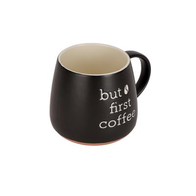 Royalford 458 ml (15.5 oz) New Bone Mug- RF12282/ Perfect for Hot and Cold Drinks/ Food-Grade, Non-Toxic and Safe to Use/ Stylish, Durable and Long-Lasting Design, but first coffee Quote Printed, Suitable for Gifting/ Black