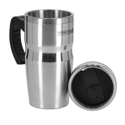 Royalford RF9817 480ml Travel Double Wall Mug - Coffee Mug Tumbler with Handle & Compact Lid For Travel Friendly |Portable Inner Stainless Steel Wall Leak-proof Lid BPA Free Reusable & Hot/Cold Drinkware