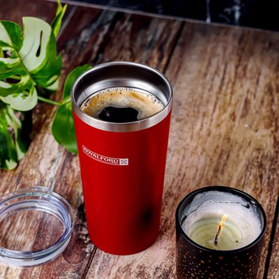 Royalford 600 ml Vacuum Mug- RF12327/ Double Wall Stainless Steel Body and Keeps Your Drinks Hot or Cold/ Leak-Proof and Portable Design/ Suitable for Indoor and Outdoor Use, at Home, Car, Office, Etc./ Brown