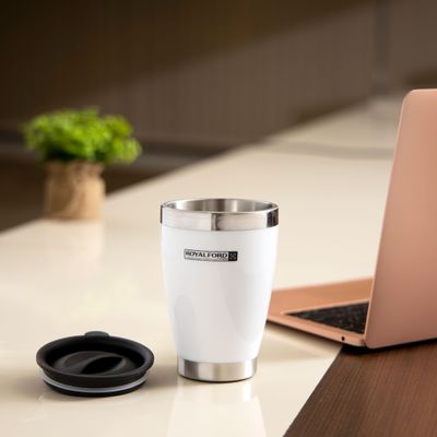 Royalford RF5483WH 400ML Double Wall Travel Mug - Portable | BPA Free, Double Wall & High Grade Stainless Steel Inner | Hot & Cool, Leak-Resistant - Preserves Flavour & Freshness | Ideal Tea Coffee & More