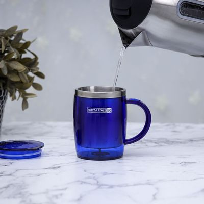 Royalford 14OZ Double Wall Travel Mug (Blue) - Portable with Comfortable High Grip Handle, & High-Grade Stainless Steel Inner | Hot & Cool, Leak-Resistant Lid | Preserves Flavour & Freshness