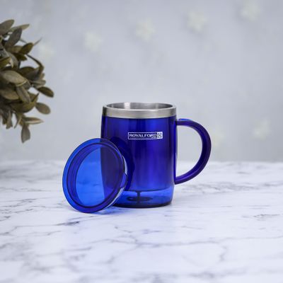 Royalford 14OZ Double Wall Travel Mug (Blue) - Portable with Comfortable High Grip Handle, & High-Grade Stainless Steel Inner | Hot & Cool, Leak-Resistant Lid | Preserves Flavour & Freshness