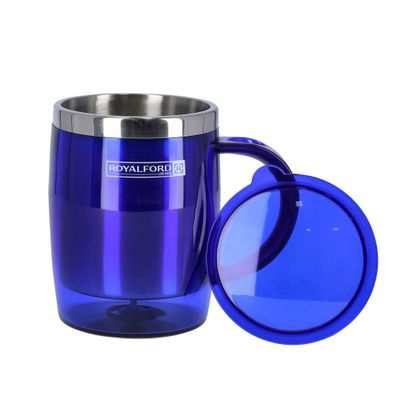 Royalford 14OZ Double Wall Travel Mug (Blue) - Portable with Comfortable High Grip Handle, & High-Grade Stainless Steel Inner | Hot & Cool, Leak-Resistant Lid | Preserves Flavour & Freshness