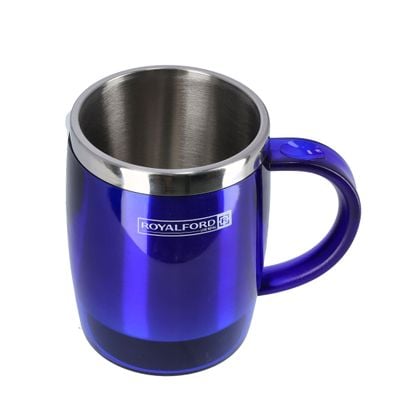 Royalford 14OZ Double Wall Travel Mug (Blue) - Portable with Comfortable High Grip Handle, & High-Grade Stainless Steel Inner | Hot & Cool, Leak-Resistant Lid | Preserves Flavour & Freshness