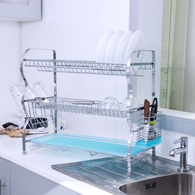 Royalford 3-Layer Dish Rack, SS Dish Rack with Drainer Tray, RF2569 | Multi-Purpose Detachable Draining Board | Dish Rack with Cup Holder & Utensil Holder | Dish Drainers for Kitchen