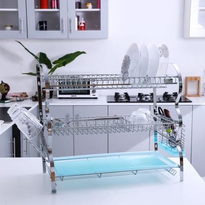 Royalford 3-Layer Dish Rack, SS Dish Rack with Drainer Tray, RF2569 | Multi-Purpose Detachable Draining Board | Dish Rack with Cup Holder & Utensil Holder | Dish Drainers for Kitchen