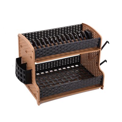 Royalford Galaxy 2 Layer Rattan Dish Rack, Plastic Drip Tray, RF10798 | Multi-Purpose 2 Tier Dish Rack with Cup Holder & Cutlery Holder for Kitchen Countertop