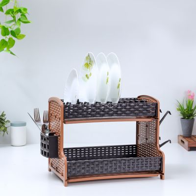 Royalford Galaxy 2 Layer Rattan Dish Rack, Plastic Drip Tray, RF10798 | Multi-Purpose 2 Tier Dish Rack with Cup Holder & Cutlery Holder for Kitchen Countertop