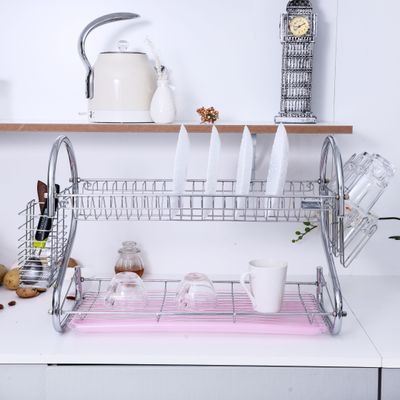 Royalford  RF1151DRL 2 Layer Metal Dish Rack - Multi-Purpose Draining Board with Drip Tray, Durable and Easy to Assemble | Wall Hanging Dish Rack with Plastic Drip Tray