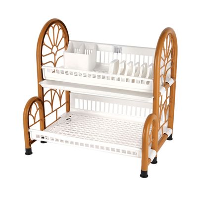 Royalford Colosseum 2 Tier Dish Rack- RF12141/ Extra Large Organizer for Kitchen to Keep Plates, Bowls, Quarter Plate, Etc./ Drying Stand, Drainer, Compact and Stylish Design/ Hassle-Free Finish, for Cabinet Shelf, Countertop/ Brown and White