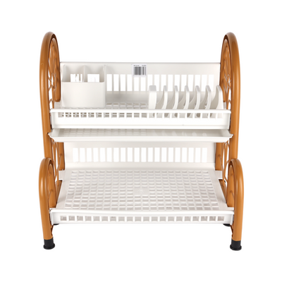 Royalford Colosseum 2 Tier Dish Rack- RF12141/ Extra Large Organizer for Kitchen to Keep Plates, Bowls, Quarter Plate, Etc./ Drying Stand, Drainer, Compact and Stylish Design/ Hassle-Free Finish, for Cabinet Shelf, Countertop/ Brown and White