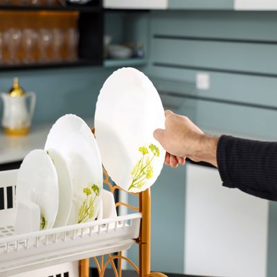 Royalford Colosseum 2 Tier Dish Rack- RF12141/ Extra Large Organizer for Kitchen to Keep Plates, Bowls, Quarter Plate, Etc./ Drying Stand, Drainer, Compact and Stylish Design/ Hassle-Free Finish, for Cabinet Shelf, Countertop/ Brown and White