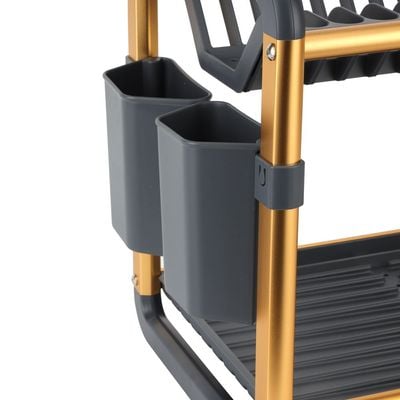 Royalford Dish Rack- RF12587/ 2 Layers, Organizer for Kitchen to Keep Plates, Bowls, Quarter Plate, Cutlery, Cups, etc., Holds 16 Plate/ Aluminum Drying Stand with Drainer Board, Compact and Stylish Design/ Hassle-Free Finish, for Cabinet Shelf Organizer Countertop/ Black and Golden