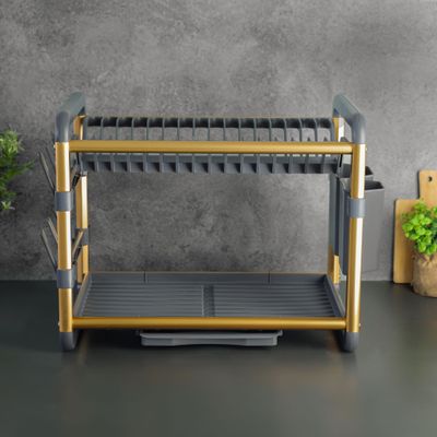 Royalford Dish Rack- RF12587/ 2 Layers, Organizer for Kitchen to Keep Plates, Bowls, Quarter Plate, Cutlery, Cups, etc., Holds 16 Plate/ Aluminum Drying Stand with Drainer Board, Compact and Stylish Design/ Hassle-Free Finish, for Cabinet Shelf Organizer Countertop/ Black and Golden