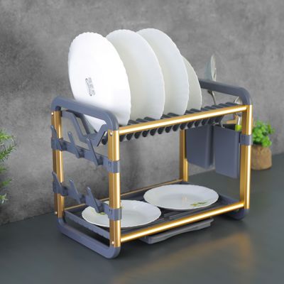 Royalford Dish Rack- RF12587/ 2 Layers, Organizer for Kitchen to Keep Plates, Bowls, Quarter Plate, Cutlery, Cups, etc., Holds 16 Plate/ Aluminum Drying Stand with Drainer Board, Compact and Stylish Design/ Hassle-Free Finish, for Cabinet Shelf Organizer Countertop/ Black and Golden