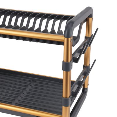 Royalford Dish Rack- RF12587/ 2 Layers, Organizer for Kitchen to Keep Plates, Bowls, Quarter Plate, Cutlery, Cups, etc., Holds 16 Plate/ Aluminum Drying Stand with Drainer Board, Compact and Stylish Design/ Hassle-Free Finish, for Cabinet Shelf Organizer Countertop/ Black and Golden