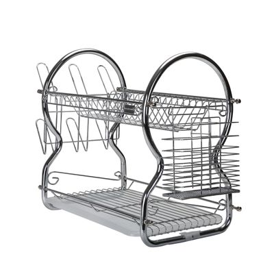 Royalford 2 -Tier Stainless Steel Dish Drainer Rack - Utensil Holder, Drying Rack, with Plastic Trays & Organization Shelf - Compact, Durable & Easy to Assemble