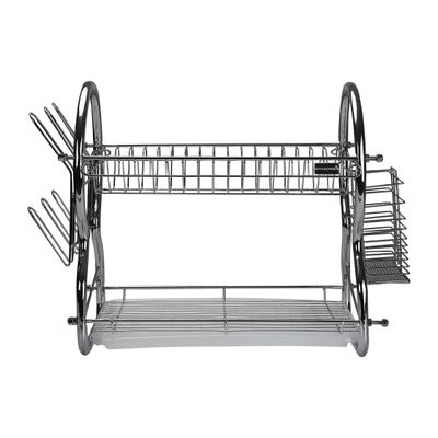 Royalford 2 -Tier Stainless Steel Dish Drainer Rack - Utensil Holder, Drying Rack, with Plastic Trays & Organization Shelf - Compact, Durable & Easy to Assemble