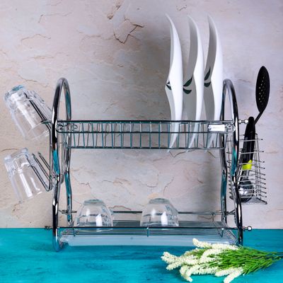 Royalford 2 -Tier Stainless Steel Dish Drainer Rack - Utensil Holder, Drying Rack, with Plastic Trays & Organization Shelf - Compact, Durable & Easy to Assemble