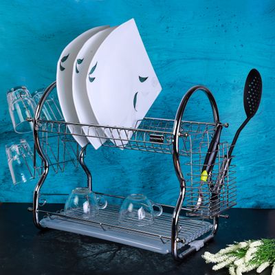 Royalford 2 -Tier Stainless Steel Dish Drainer Rack - Utensil Holder, Drying Rack, with Plastic Trays & Organization Shelf - Compact, Durable & Easy to Assemble