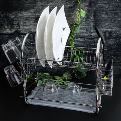 Royalford 2 -Tier Stainless Steel Dish Drainer Rack - Utensil Holder, Drying Rack, with Plastic Trays & Organization Shelf - Compact, Durable & Easy to Assemble