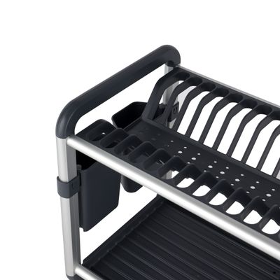 Royalford 2 layer Aluminum Dish Rack- RF12179/ Organizer for Kitchen to Keep 21 Plates, Bowls, Glasses, Cups, Cutlery/ Drying Stand with a Drain Tray, Compact and Stylish Design/ Rust-Proof and Hassle-Free Finish/ Black and Silver