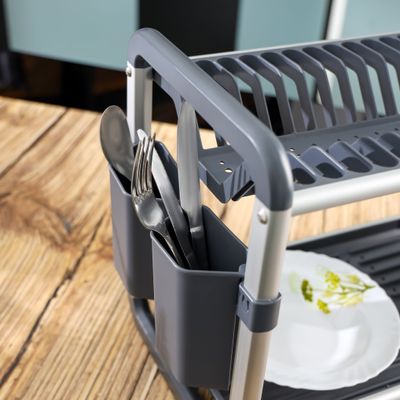 Royalford 2 layer Aluminum Dish Rack- RF12179/ Organizer for Kitchen to Keep 21 Plates, Bowls, Glasses, Cups, Cutlery/ Drying Stand with a Drain Tray, Compact and Stylish Design/ Rust-Proof and Hassle-Free Finish/ Black and Silver