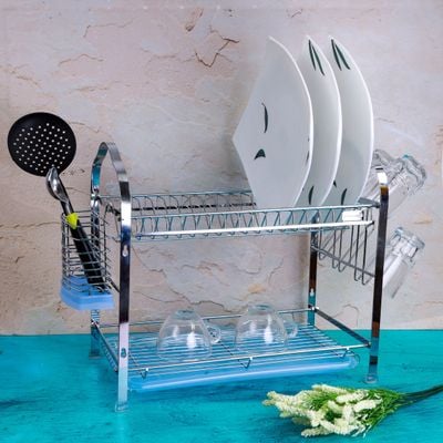 Royalford RF2563 Wall Hanging Dish Rack, 2-Tier Dish Drainer | Draining Board with Removable Tray | Utensil Holder | Compact & Easy to Assemble Organization Shelf